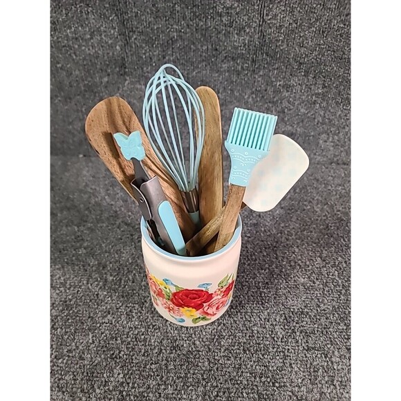 Pioneer Woman Sweet Rose Mini Crock Utensils Set 7-Piece Ceramic Silicone Wood - Picture 8 of 11